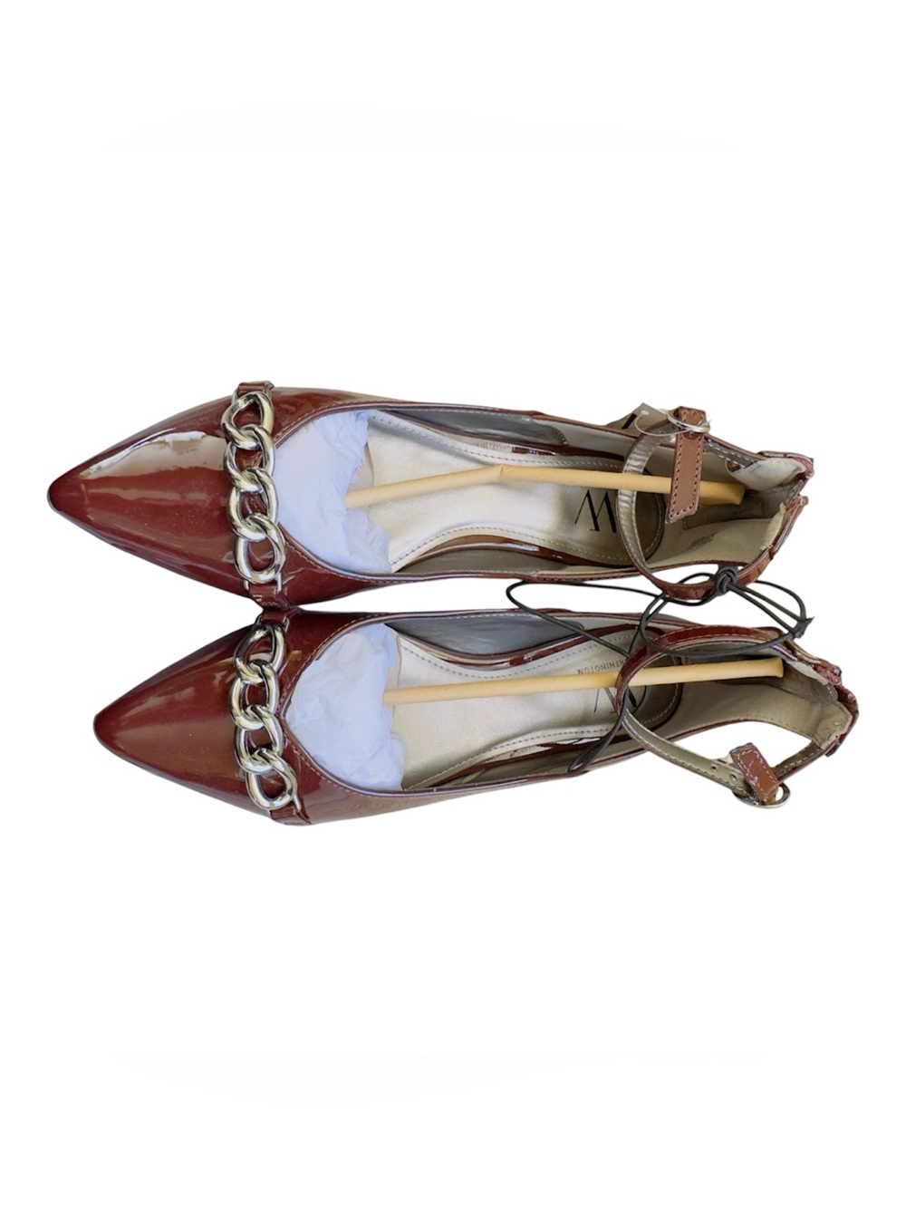 Pointed Toe Brown Patent Ballet Flats with Chain Detail/ Size 7.5/ Color Coco